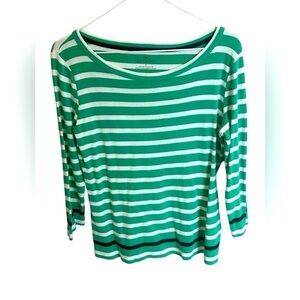 Talbots Top Women Size Medium Green White Stripe Preppy 100% Cotton
